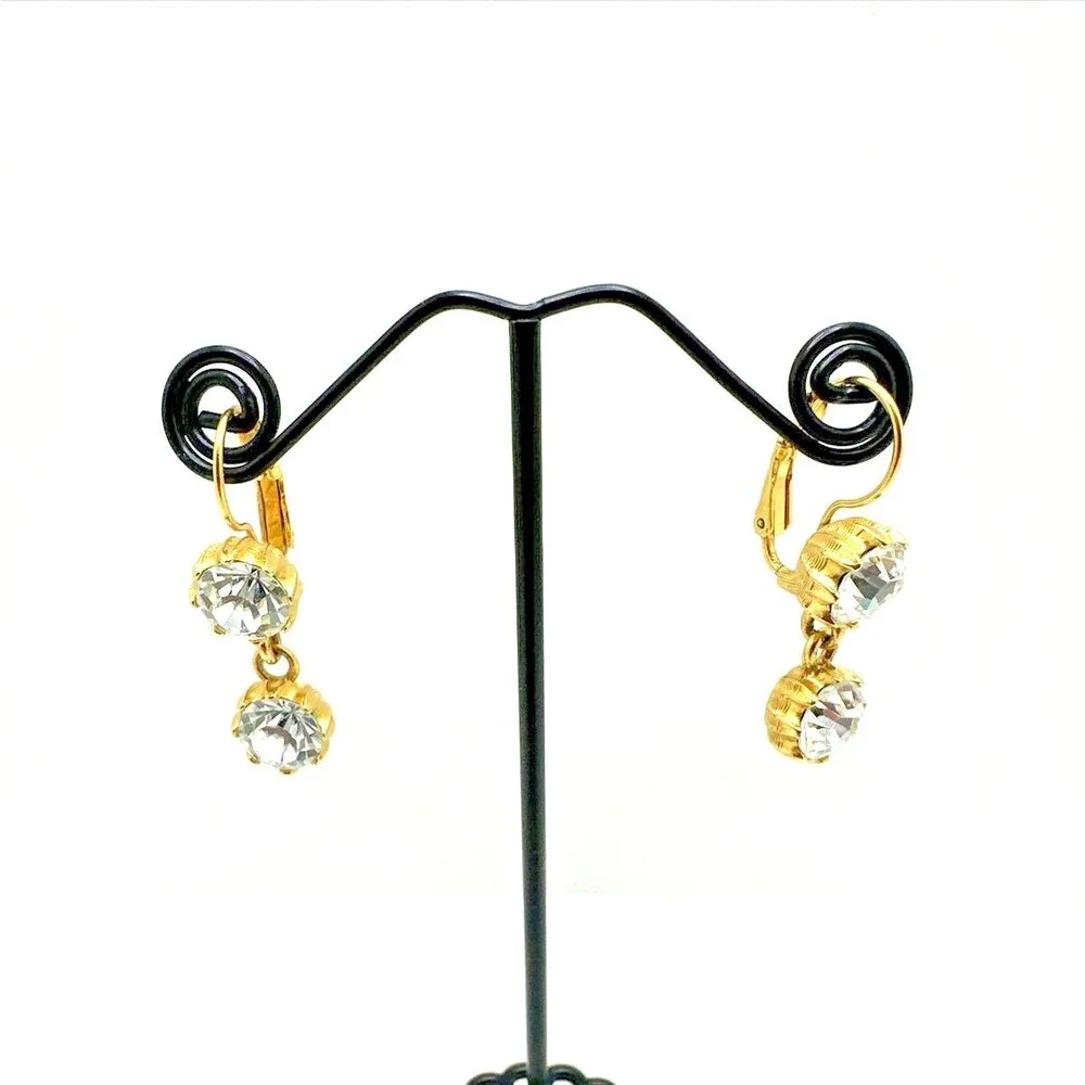 Vintage Bijoux Tempo Crystal Rhinestone Dangle Earrings Gold Tone Pierced 1.5”